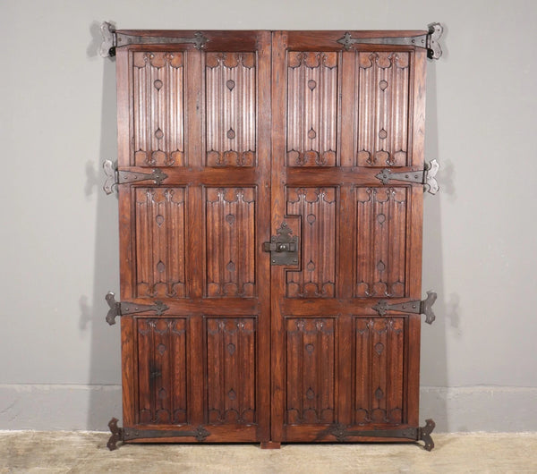 Pair of French Antique Neo Gothic Cabinet Doors in Oak Wood Linen Fold Carvings