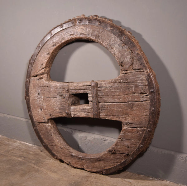 36" Wide 16th Century French Antique Chariot/Wagon Wheel in Solid Oak and Iron