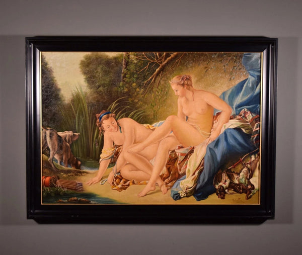50" Wide Framed Oil On Canvas Painting After Francois Boucher "Diana Bathing"
