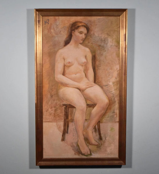 Large Framed Vintage Oil on Canvas Painting of a Nude Woman