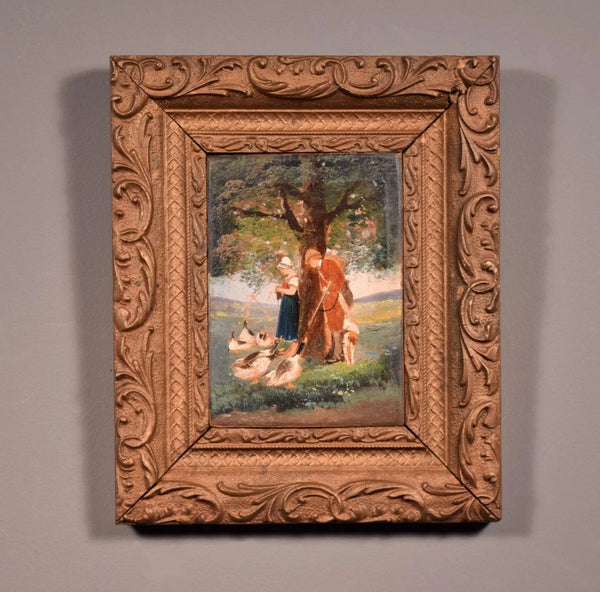 9" Tall Antique Framed Oil on Panel Painting of a Couple Feeding the Geese