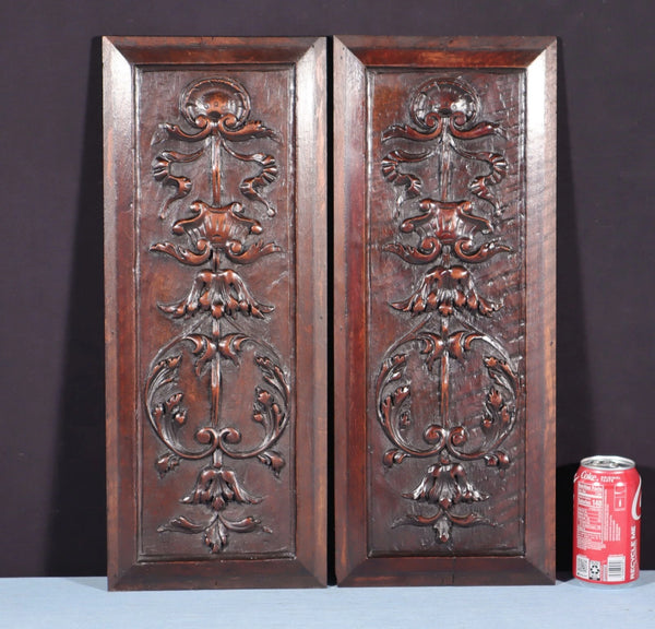 21" Tall Pair of Antique French Solid Walnut Wood Highly Carved Panels