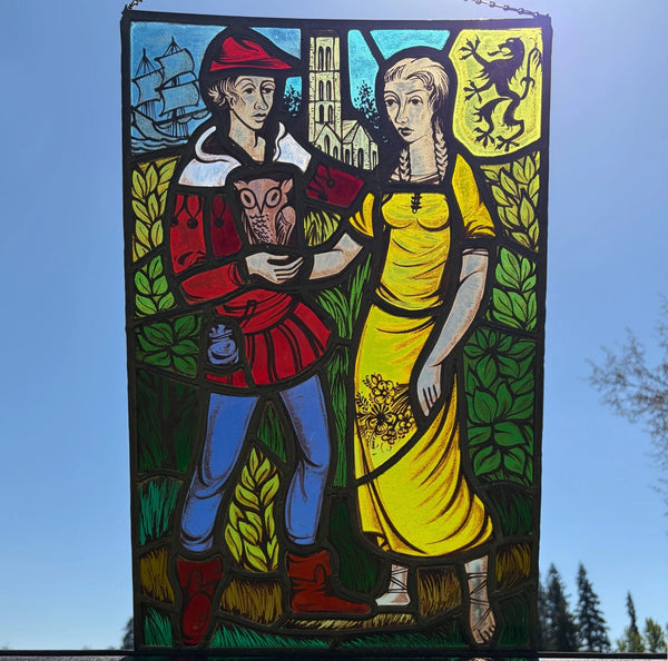 20" Tall Vintage Belgian/Flanders Stained/Leaded Glass Panel of Thyl and Nele