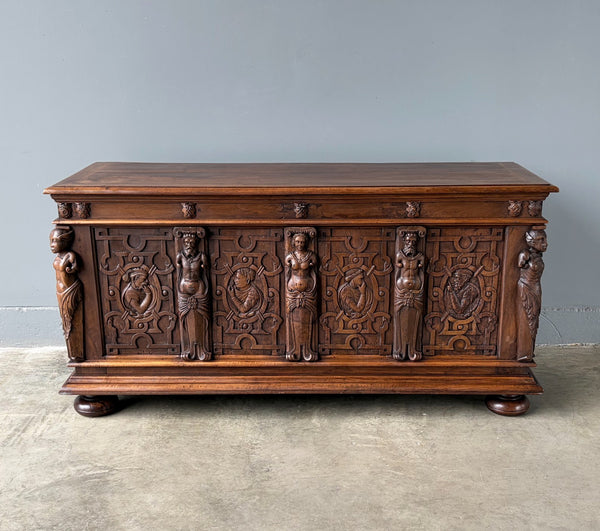 Antique French Renaissance Chest/Trunk/Sideboard Solid Walnut Detailed Carvings