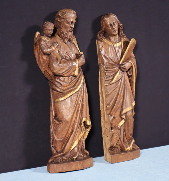 16" Pair of Belgian Antique Solid Oak Wood Highly Carved Figures Saints