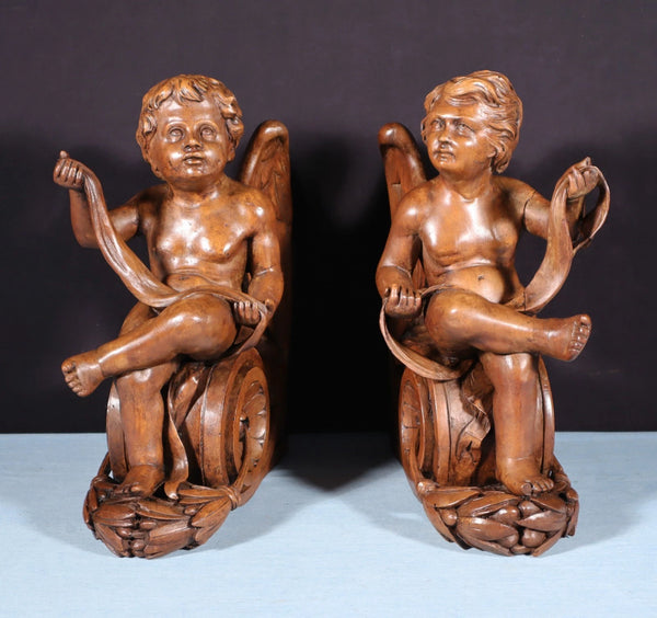 13" Tall Pair of French Antique Solid Walnut Wood Highly Carved Cherubs