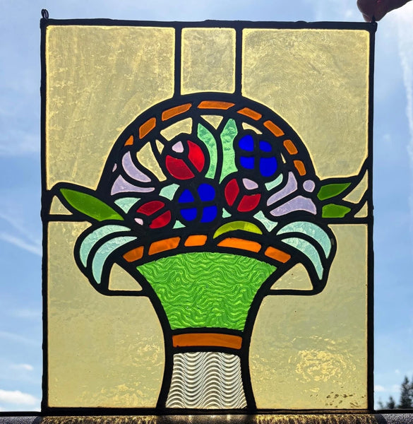 15" Tall Antique French Art Deco Stained/Leaded Glass Panel of Flowers