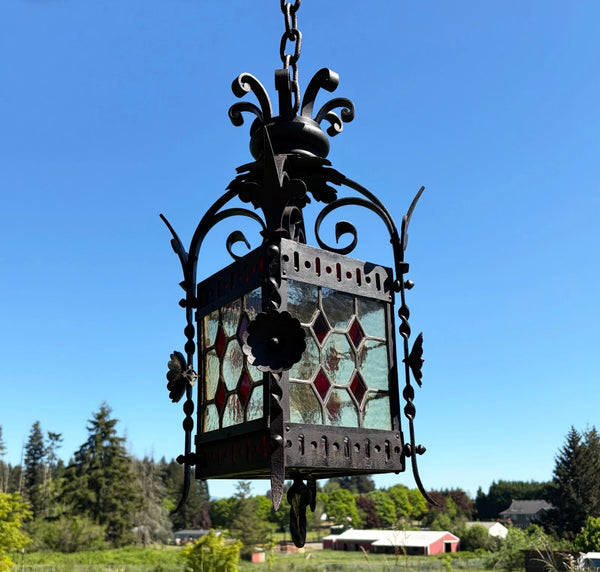27" French Antique Gothic Iron & Stained Glass Hanging Chandelier/Pendant Lamp