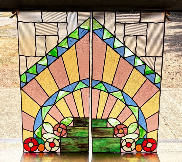 43" Tall Pair of Antique French Art Deco Stained Glass Window Panels