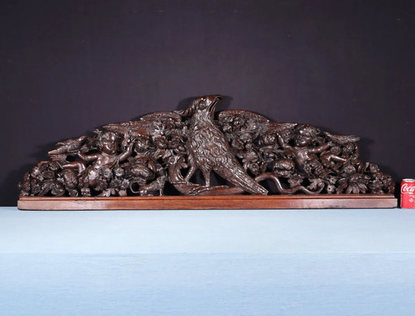 62" Wide XL Antique French Solid Oak Wood Highly Carved Crest with Bird