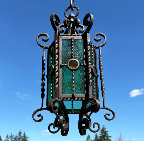 20" Tall Vintage French Iron and Stained Glass Hanging Chandelier/Pendant Lamp