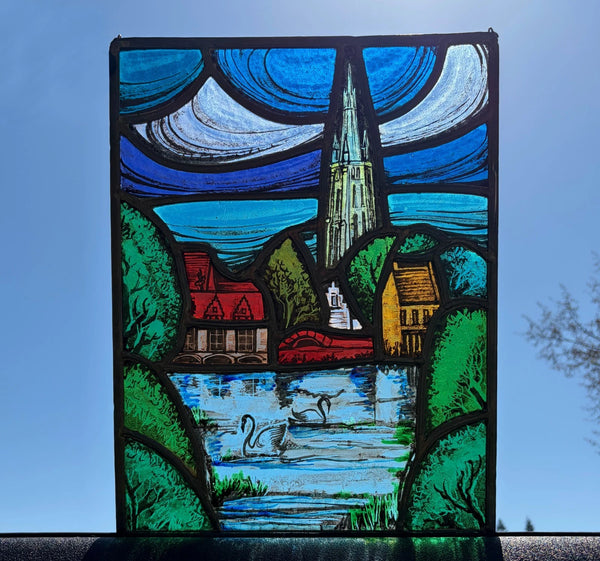 14" Tall Vintage Belgian/Flanders Stained/Leaded Glass Panel of Bruges Belgium