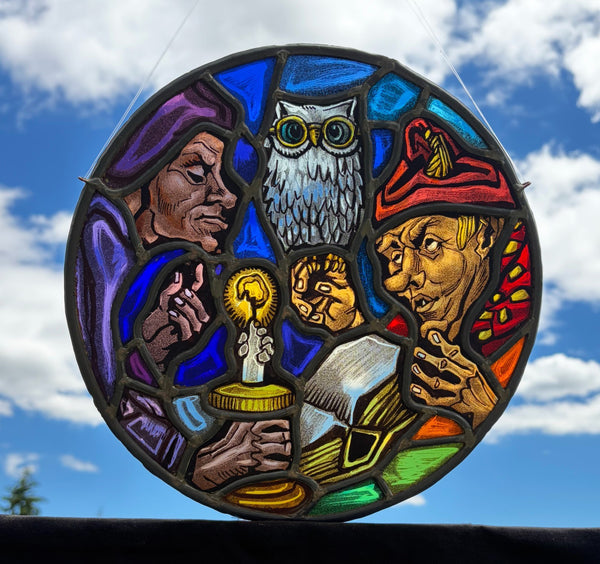 11" Round Vintage Belgian Stained/Leaded Glass Panel with an Owl and Figures