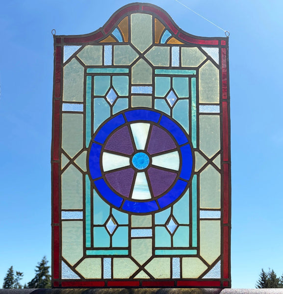 28" Tall French Antique Religious Stained/Leaded Glass Panel from a Church
