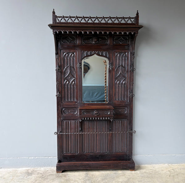 Antique French Gothic Hall Tree/Hall Stand/Coat/Hat Rack in Solid Oak Wood