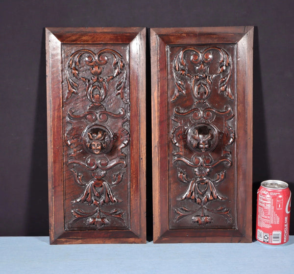 Pair of Antique French Solid Walnut Wood Highly Carved Panels with Faces