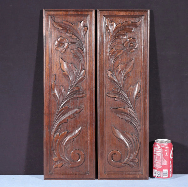 Pair of Antique French Solid Chestnut Wood Highly Carved Panels with Flowers