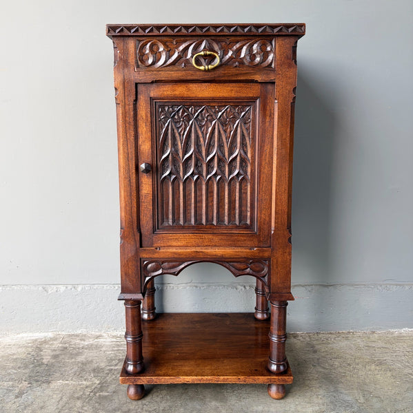Antique French Gothic Solid Walnut Night Stand/Cabinet With Detailed Carvings