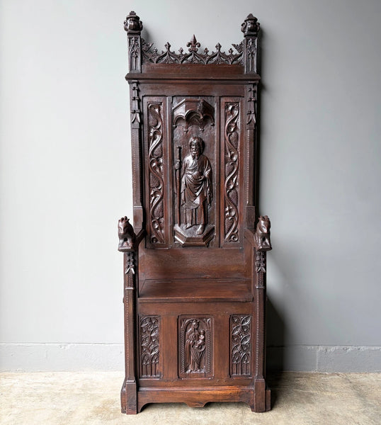 Late 1700's Antique French Gothic Throne Chair Bench/Settee/Chair Carved Oak