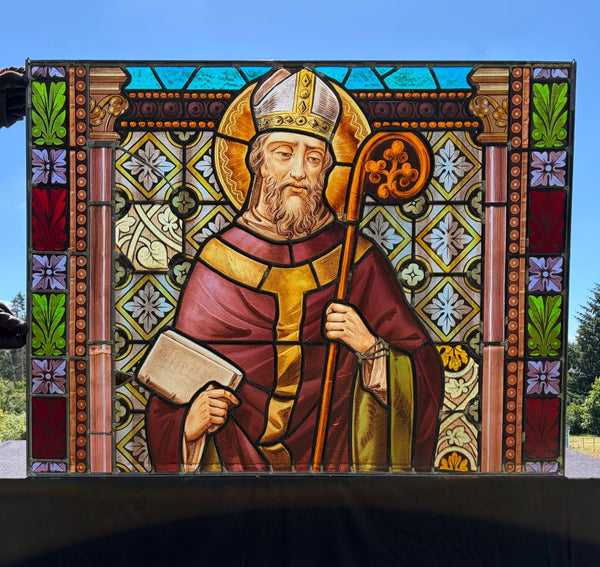 38" Wide Antique Stained/Leaded Glass Panel of Saint Highly Detailed