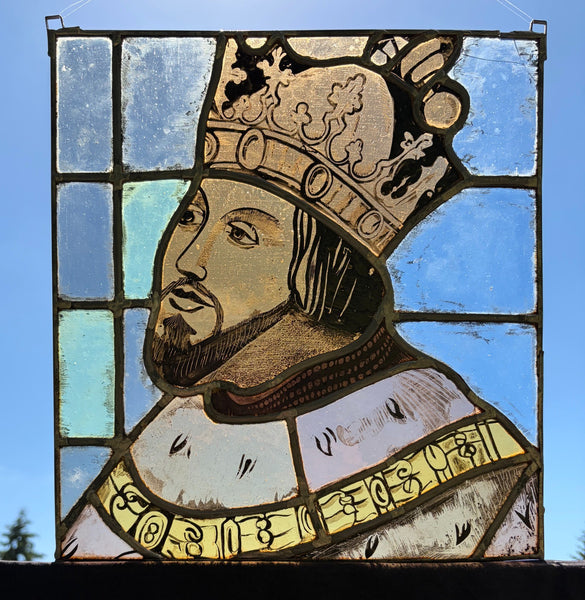 15" Tall Vintage French Stained/Leaded Glass Panel Of Charles the Great