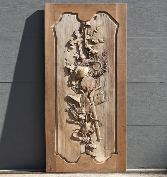 89" Tall Antique French Solid Walnut and Oak w/Crucifix Christian Altar Panel