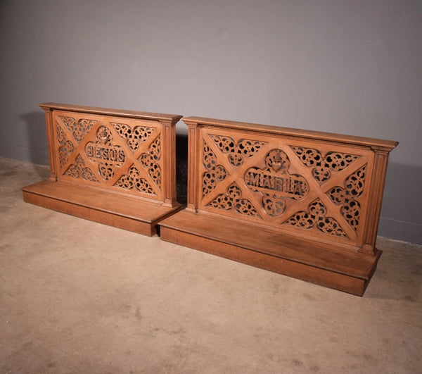 Pair of 59" Long Antique Gothic Revival Oak Wood Prayer Rails With Storage
