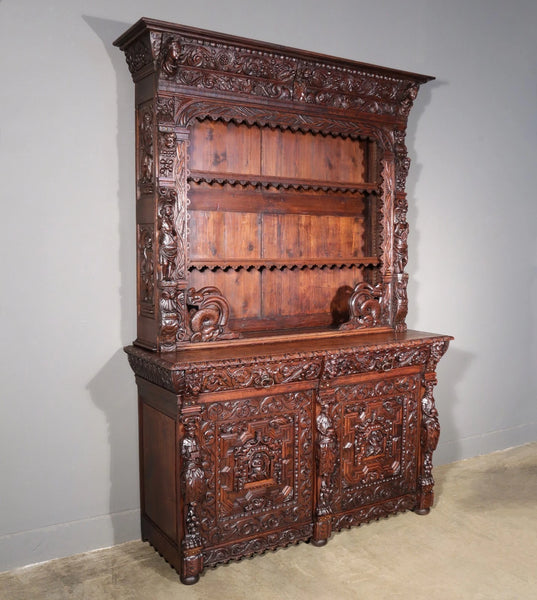 1700's Antique French Renaissance Sideboard/Bookcase in Solid Oak Highly Carved