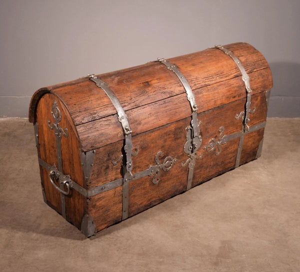 Large Antique French Chest/Trunk in Solid Pine Wood With Iron Straps 1800's