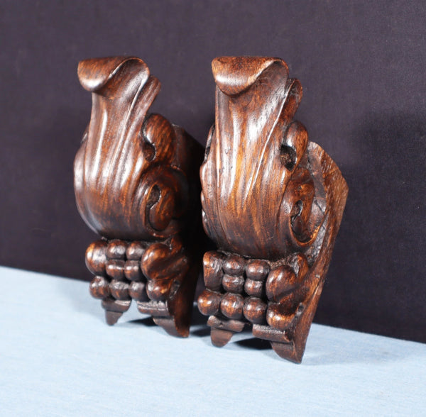 Pair of 5" Tall French Antique Highly Carved Trim/Corbels Solid Oak Wood