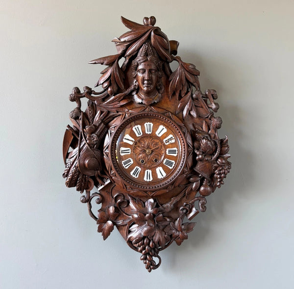 XL Antique French Renaissance Solid Oak Wood Highly Carved Clock Harvest Theme
