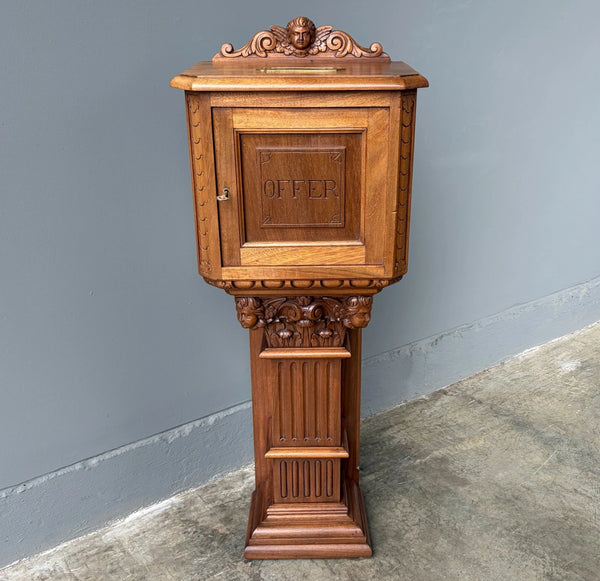 Antique French Donation Box Christianity with Angel Carvings in Solid Mahogany