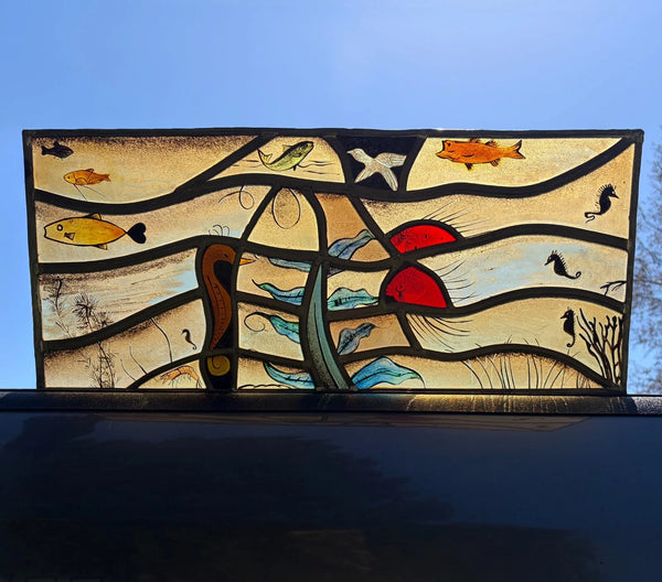 Vintage Dutch Stained/Leaded Glass Panel by Lea Steppe Sea Life Themed