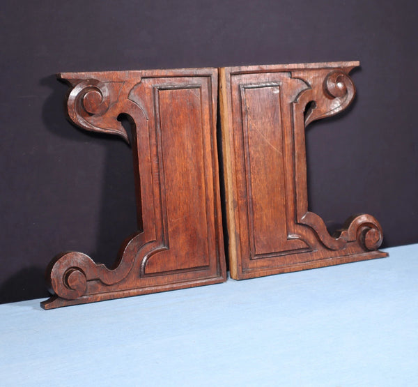 Pair of 11" Tall French Antique Carved Solid Oak Wood Brackets Trim Pieces