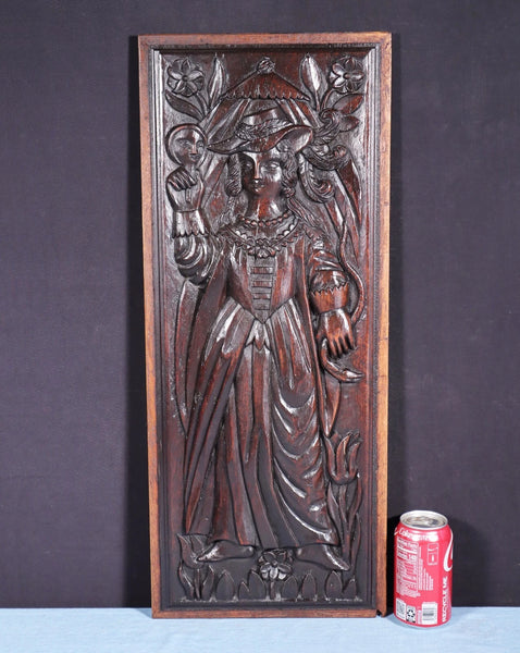26" Antique French Solid Walnut Wood Panel Highly Carved, Woman with a Mirror