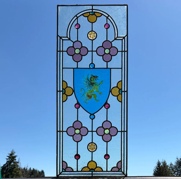 38" Tall Antique French Stained/Leaded Glass Panel w/Griffin and Uranium Glass