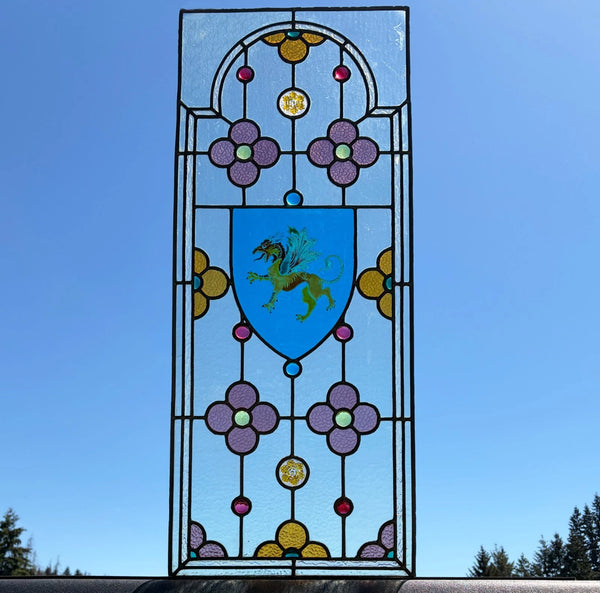 38" Tall Antique French Stained/Leaded Glass Panel w/Griffin and Uranium Glass