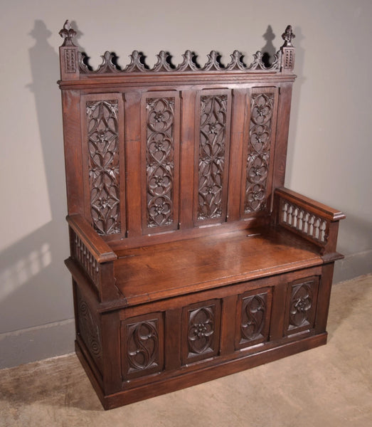 Antique French Gothic Revival Oak Wood Bench/Settee/Chair Highly Carved