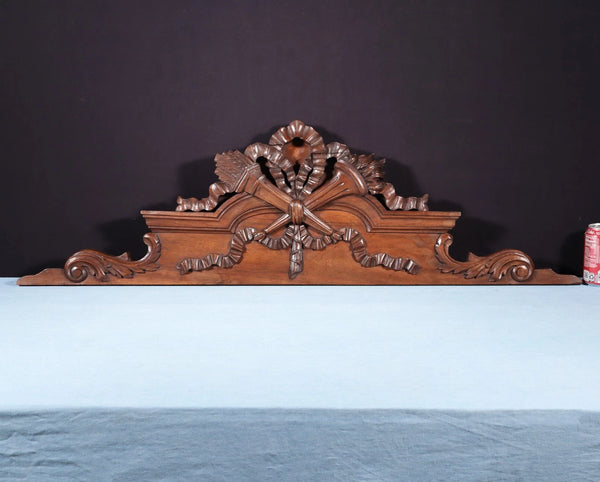 46" Wide Antique French Solid Walnut Wood Louis XVI Highly Carved Detailed Crest