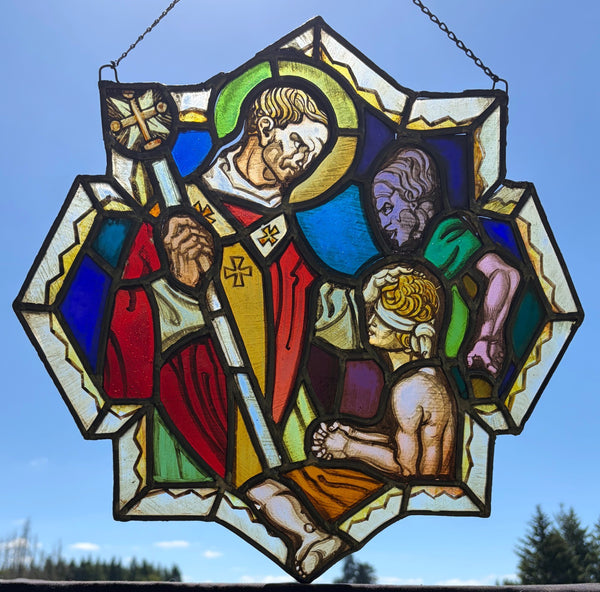 16" Tall Vintage Belgian Stained/Leaded Glass Panel of a Saint Healing the Blind