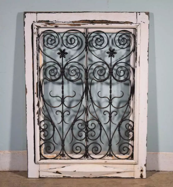 Antique French Solid Wood Window with Iron Grille and Hinged Window Salvage