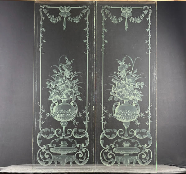 47" Tall Pair of Antique French Etched Beveled Glass Windows Frosted Glass