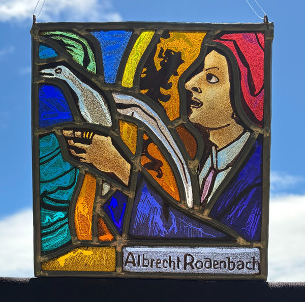 7" Tall Vintage Belgian Stained/Leaded Glass Panel Of Albrecht Rodenbach