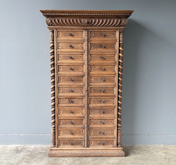 77" Tall Antique French Apothecary Cabinet Solid Oak Carved with Compartments