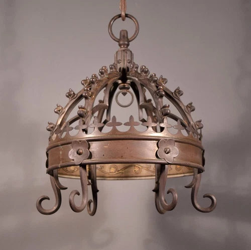 Antique Gothic French Bronze Crown Chandelier Pendent Hanging Lamp