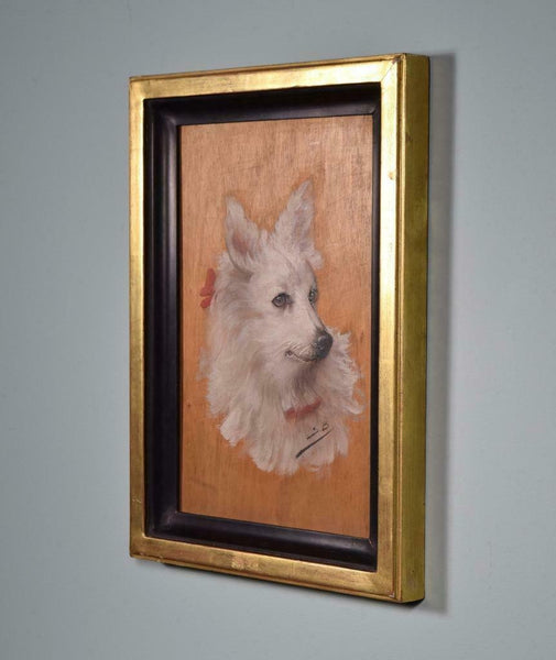 Vintage Oil on Panel Painting of a White Dog with Gilt Frame