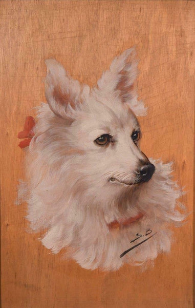 Vintage Oil on Panel Painting of a White Dog with Gilt Frame