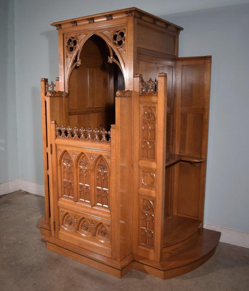 Vintage Highly Carved French Gothic Revival Solid Oak Wood Church Confessional
